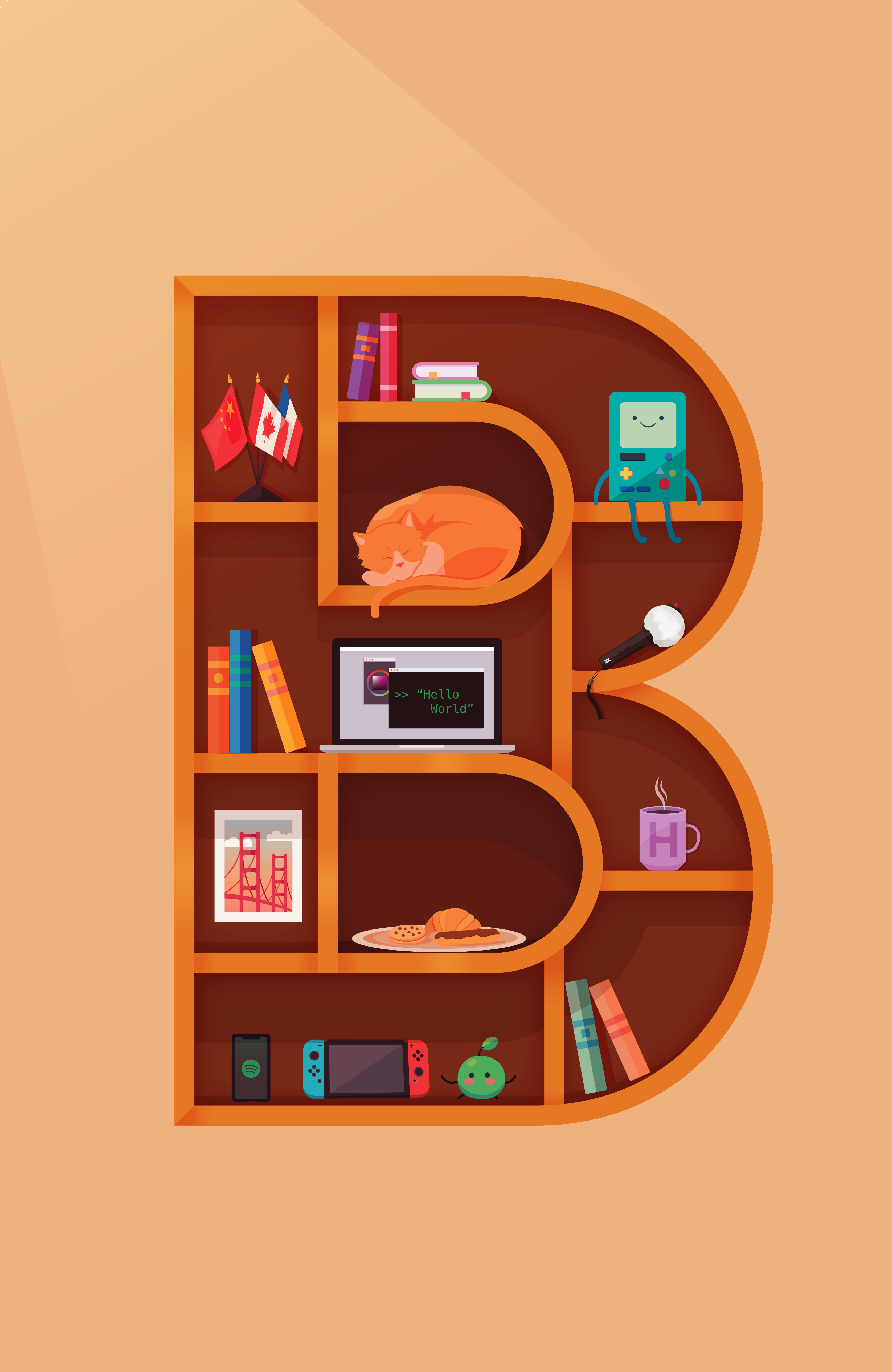 A poster piece depicting a bookshelf in the shape of the letter B. Personal items
               can be found in various corners of the shelves.