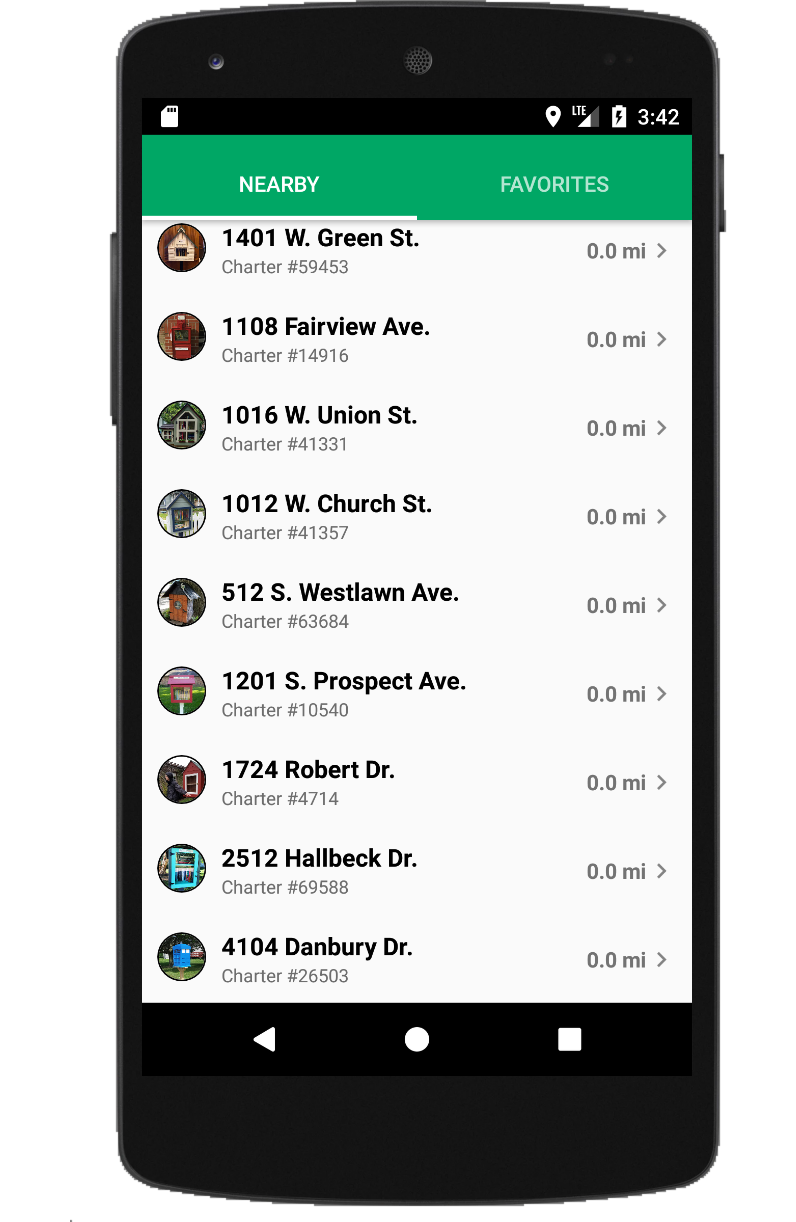 App screen showing nearby Little Free Libraries