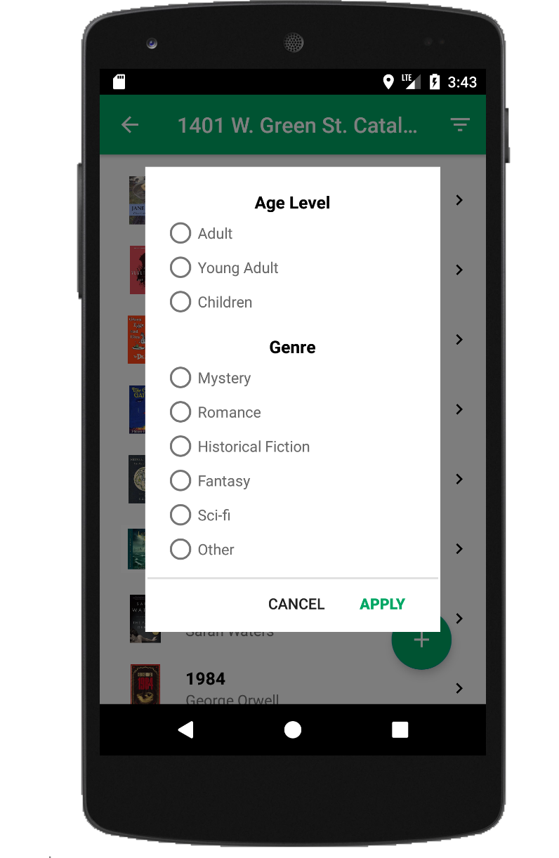 App screen showing genre and age filtering options for book list