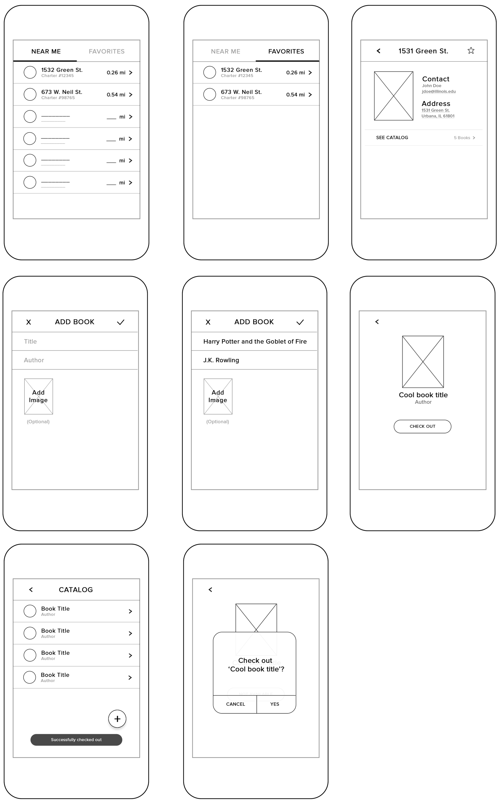 Wireframes displaying functionality of viewing nearby little free libraries, adding books, and checking out books