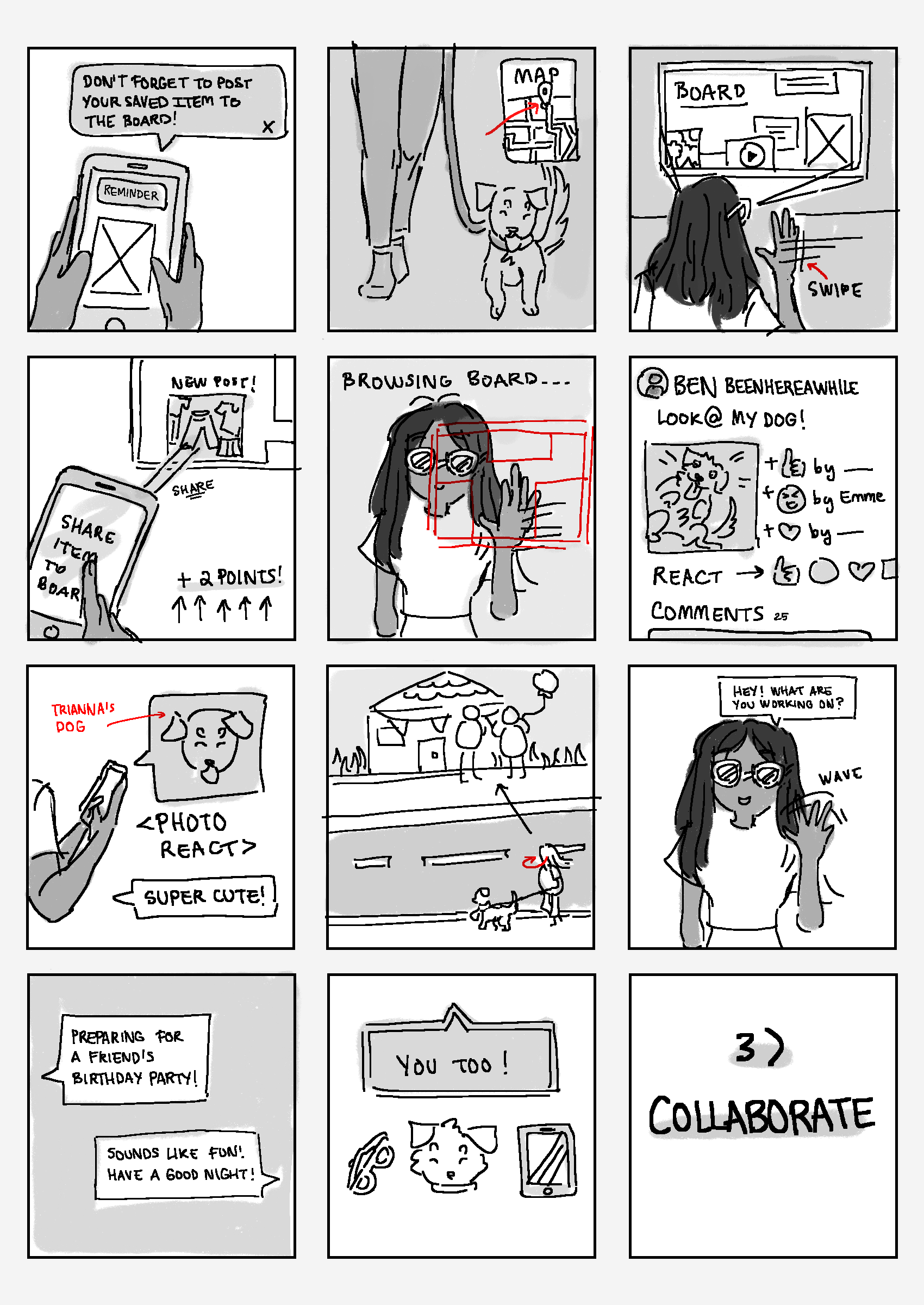 A storyboarding comic. Triana visits a VR board projected in the neighborhood and shares a post there in the digital space.