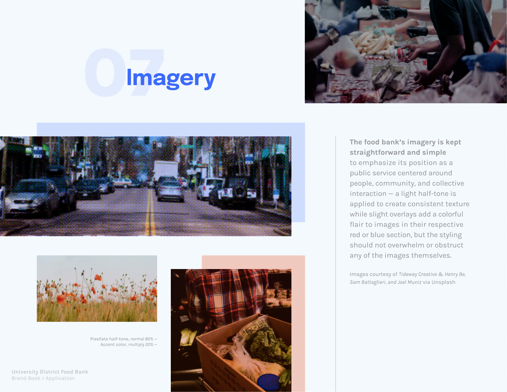 Page 10: Imagery, the brand should keep straightforward and simple imagery to emphasize its position as a public service centered around the community, though light red and blue colorful overlays can be used toward visual enhancement