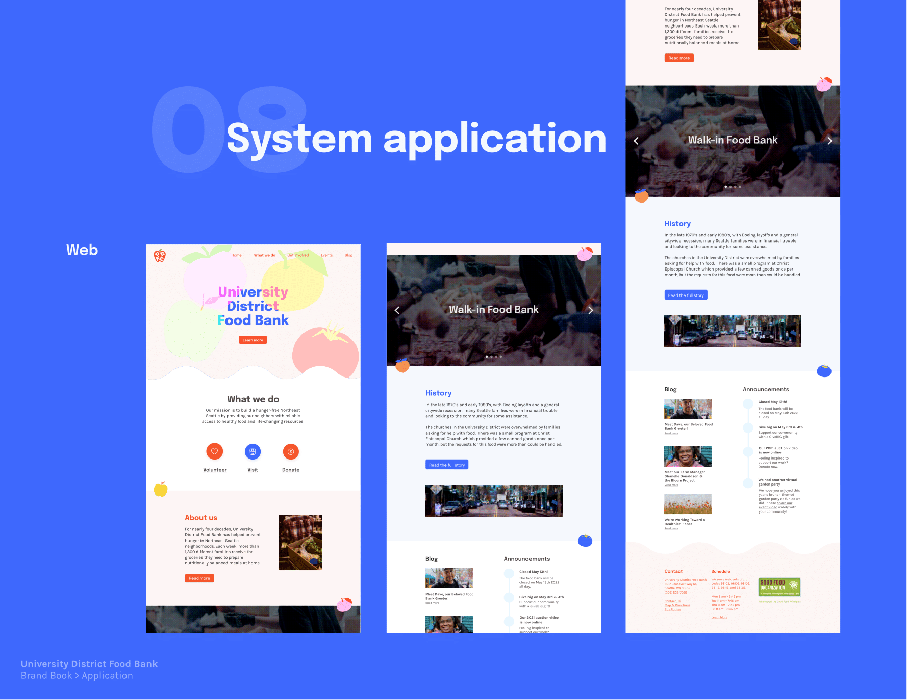 Page 12: System application, a continuation of my full prototype, with a section on What we do, About us, History, and Announcements