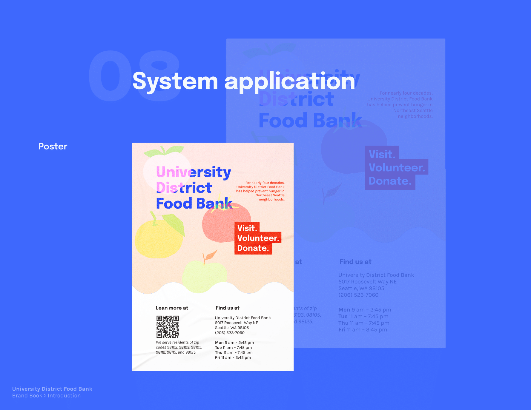 Page 14: System application, a poster using similar design with information on the food bank and the slogan Visit. Volunteer. Donate.