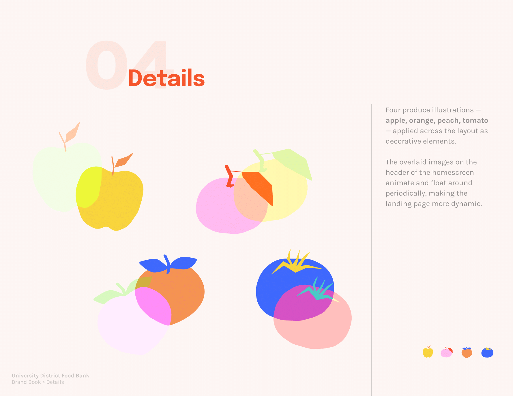 Page 6: Additional details, featuring four produce illustrations (apple, orange, peach, tomato) I created to add dynamic decorative elements to the landing page