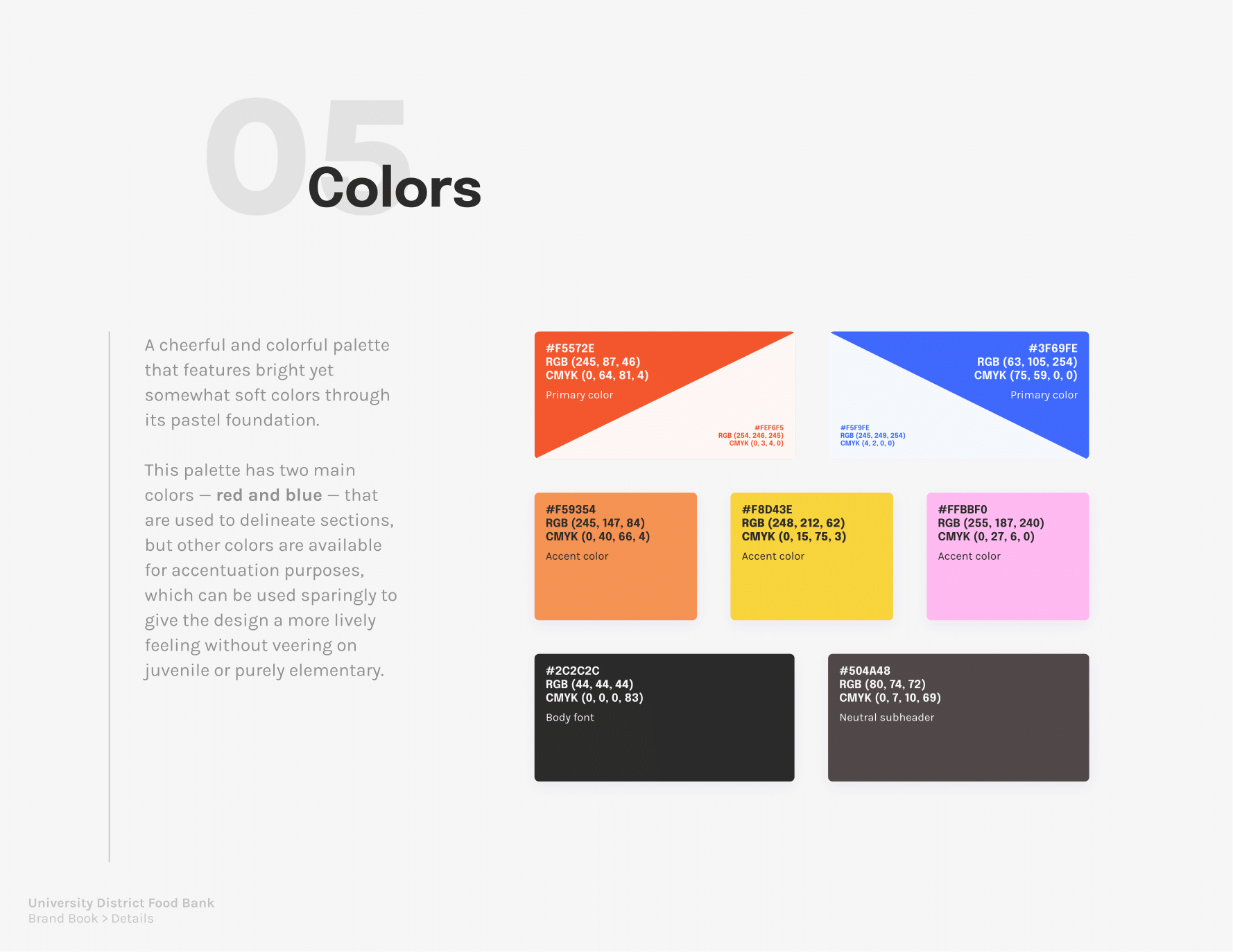 Page 7: Colors, a cheerful palette mainly comprised of blue and red but also accented with warm orange, yellow, and pink