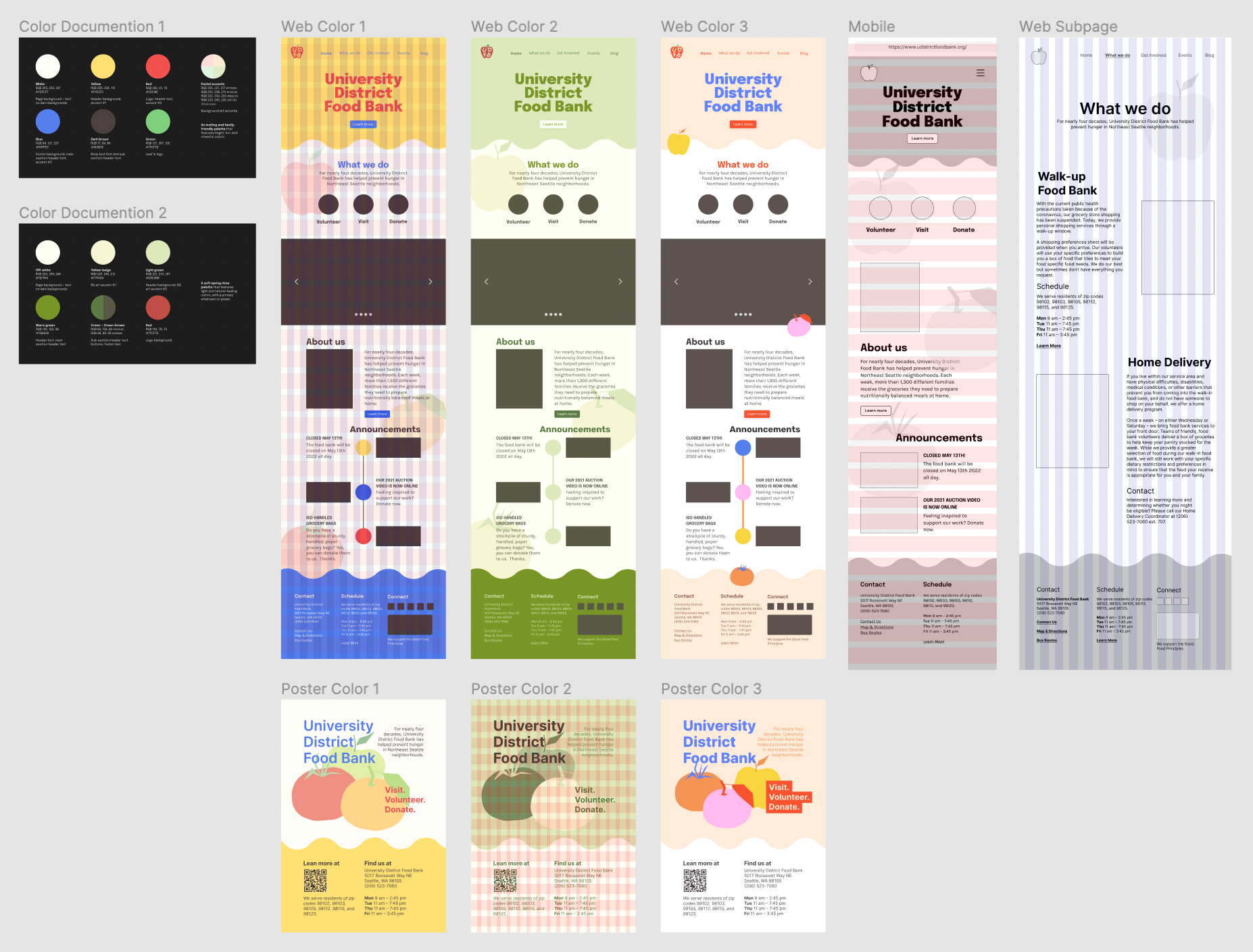 Screenshot of previous color iterations, from primary colors to a monotone green to a lighter pastel palette